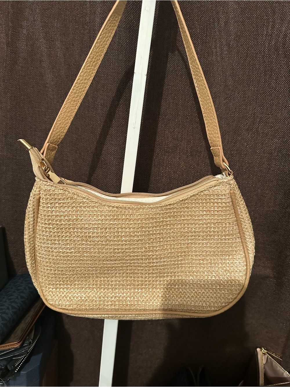 Woven Straw Shoulder Bag in Light Tan